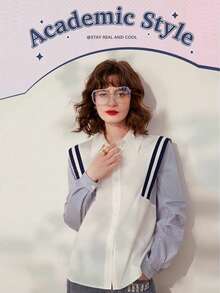 女士秋季服装，法式撞色长袖条纹衬衫，时尚优雅拼接长袖上衣，女士万圣节服装，女士办公室着装长袖秋季衬衫 - 彩色 - 查看 5