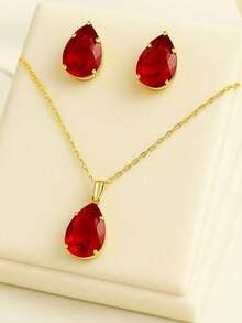 Plated Drop Necklace And Earring Set - 綠色 - 查看 3
