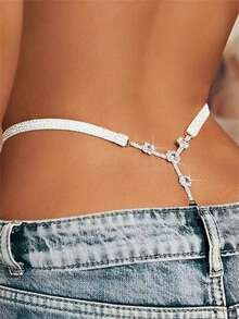 Cadena de cintura de bikini de rhinestone sexy para mujeres con cadena de tanga en forma de flor - Plateado - Ver 4