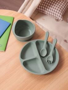 PopLittleOne 4PCS Baby Silicone Dinner Sets Color Contrast Plate Suction Bowl Eating Training Spoon Fork Colorful Baby Tableware Sets - Multicolor 1 - View 7