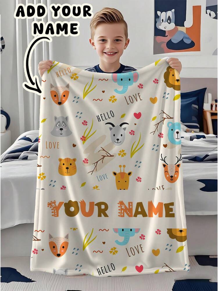 1pc Customizable Text, Animal Pattern Family Blanket, Memorial Blanket. Suitable As A Girl, Boy, Adult, Valentine's Day, Lightweight, Baby Blanket, Personalized Throw Blanket, Personalized Photo Blanket, Personalized Baby Blanket, Newborn Blanket - Multicolor - View 2
