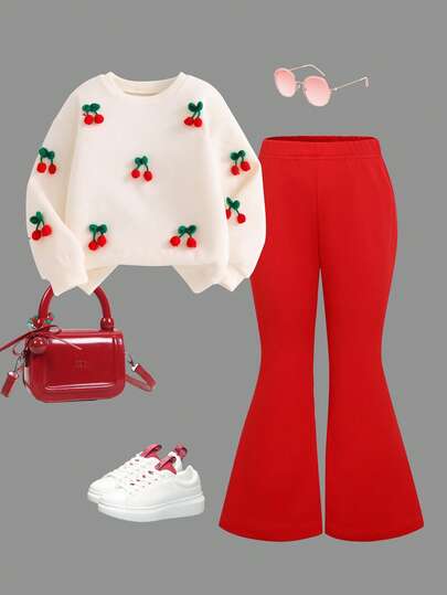Young Girls Cherry Graphic Round Neck Top & Red Flare Pants 2-Piece Outfit Set, Cute & Sweet Design, Cherry Decor, Eye-Catching Color Combo, Suitable For Kindergarten, Family Gatherings, Autumn/Winter