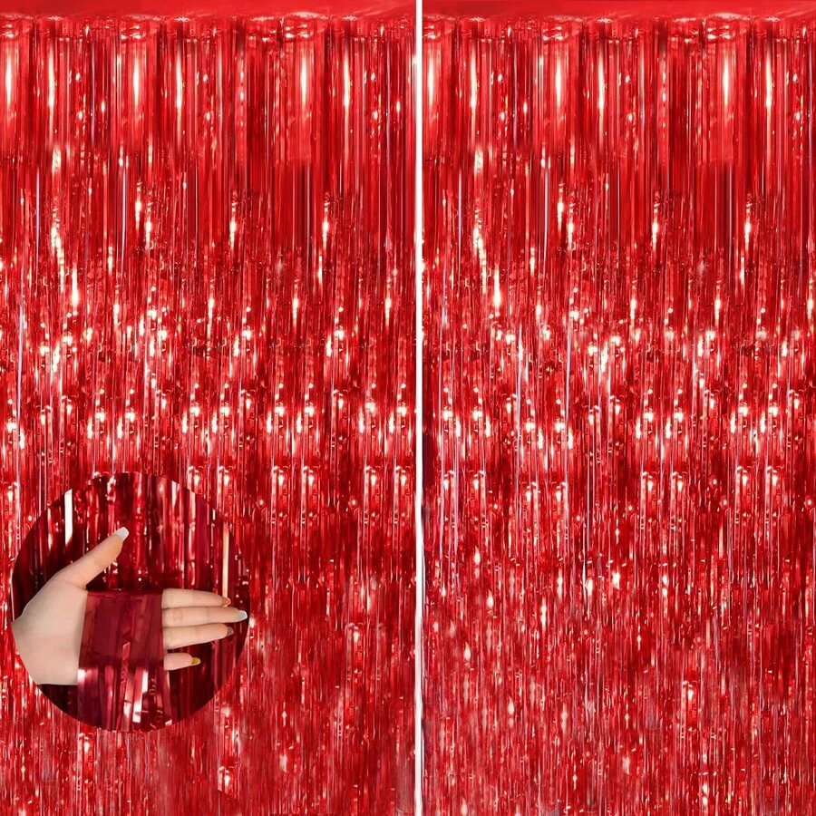 2 件红色飘带铝箔流苏窗帘 3.3 x 6.6 英尺派对飘带金属飘带窗帘派对装饰金属丝窗帘用于派对飘带用于婚礼圣诞装饰 - 紅色 - 查看 1