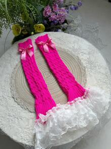 1 双女式紫红色洛丽塔蝴蝶结蕾丝花边麻花针织腿套 - 玫紅色 - 查看 3