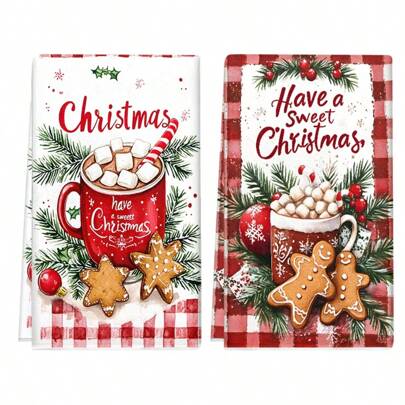 1 set/2 pezzi/100 pezzi Asciugamani da cucina e strofinacci con tema natalizio di cioccolata calda con marshmallow e biscotti pan di zenzero, perfetti per decorazioni di sala da pranzo, cucina, bagno e regali per feste