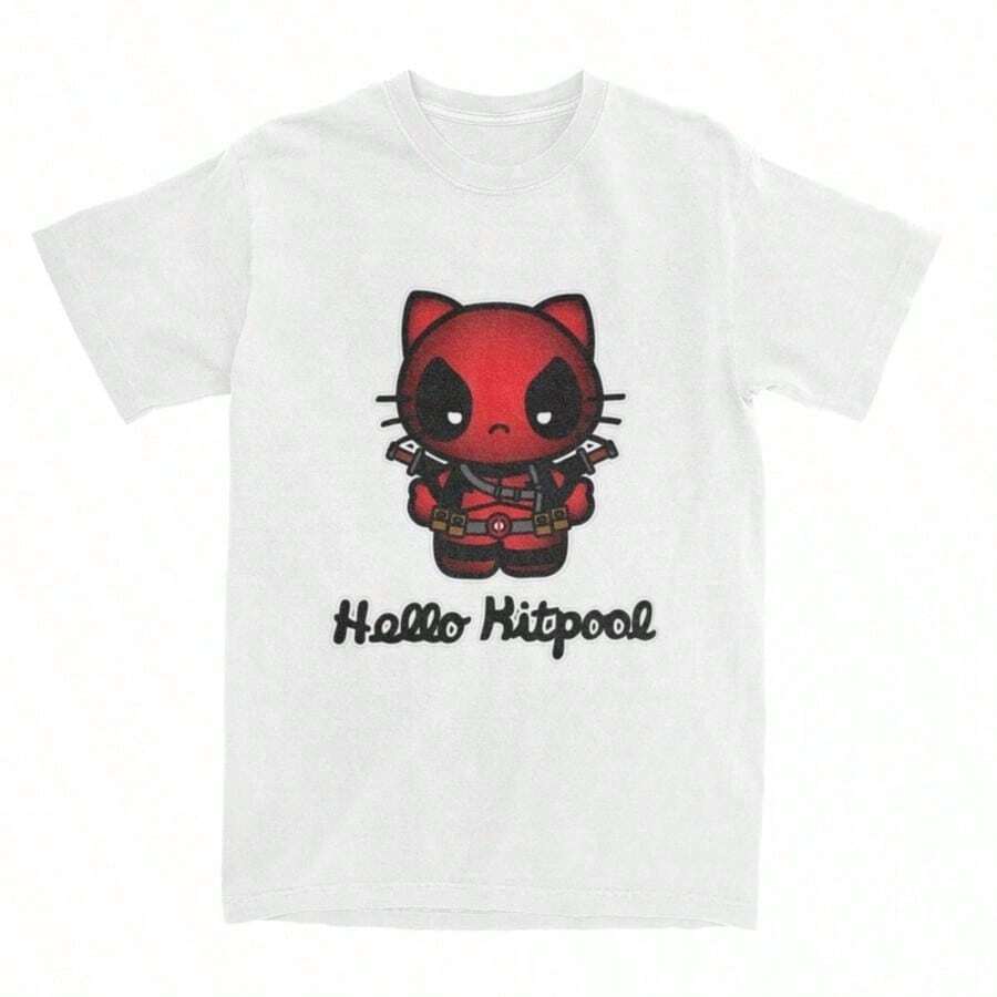 Man Woman-Deadpool Hello KittyS Kawaii T-Shirt Fashion T-Shirts Short-Sleeved Vintage Tops Summer Cotton O Neck 3XL Tees - 白色 - 查看 1