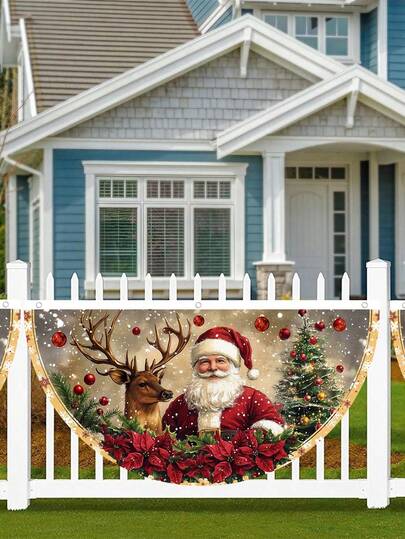 1pc Christmas Fan Flag, Vintage Santa Elk Design Half Fan Flag Banner, Polyester Hanging Fan Bunting Flags, Xmas Party Decoration, Christmas Decorations For Home 2025, Christmas Outside Garden Decor