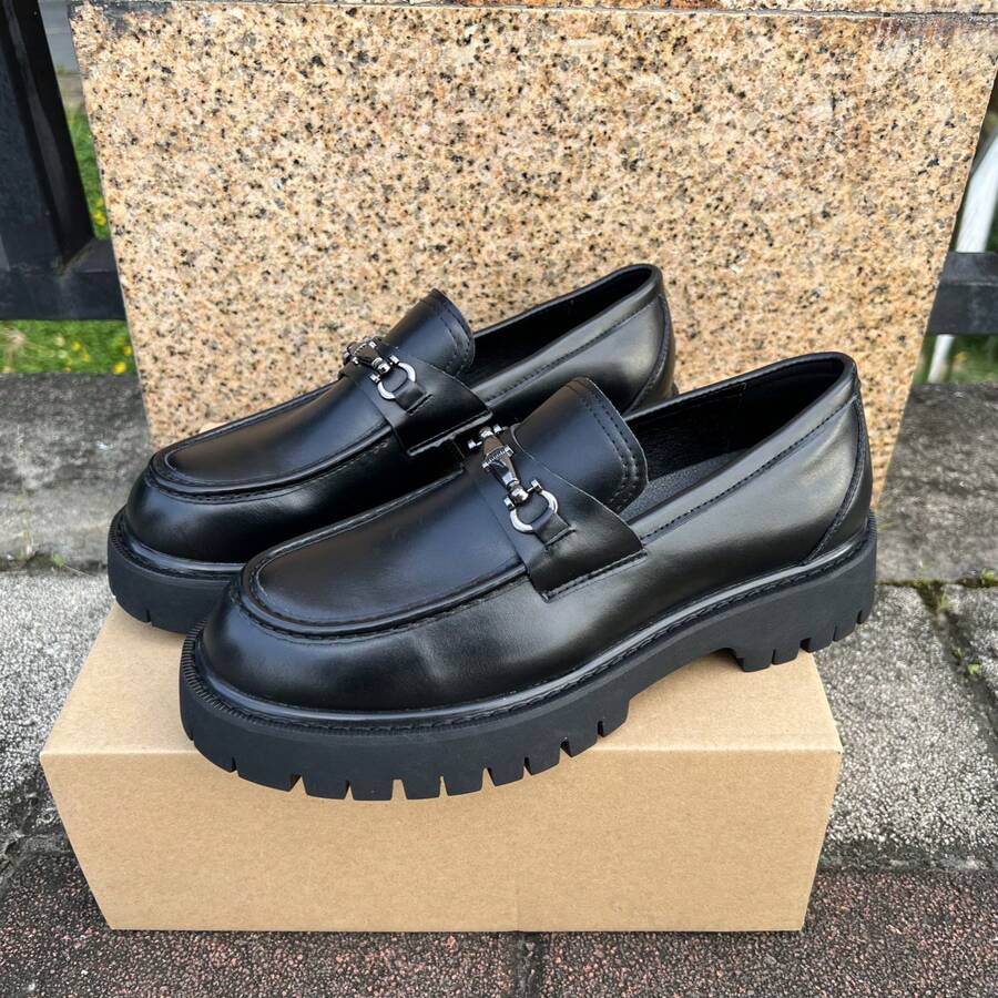 Fashion Chunky Loafer Shoes For Man Platform Height-Increasing Bright Patent Leather Business And Casual Men Shoes - Đen mờ - Xem 1