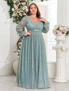 Vestido formal de manga larga con mangas farol y aplicaciones de lentejuelas para mujer de talla grande, elegante para baile de graduación, cena y boda