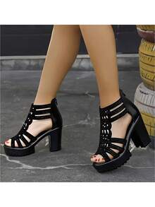 Sandalias De Tacón Grueso De Banda Cruzada Elástica De Punta Descubierta Para Mujer,Sandalias de tacón alto sexy con abertura en los dedos y tirantes de moda para mujer, Mujer minimalista con tacón grueso Sandalias con correa en el tobillo , tacones gruesos y suela gruesa para zapatos de fiesta,graduación, tacones de fiesta, - Negro - Ver 2