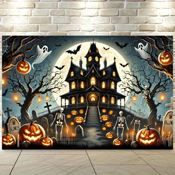 1 pieza de Fondo de Banner de Halloween en 2D - Casa embrujada con fantasmas, calabazas y murciélagos - Revestimiento de pared de tela de poliéster para sala de estar, dormitorio, oficina y decoración al aire libre - Perfecto para fiesta y regalo festivo - No se requiere electricidad, decoración de Halloween