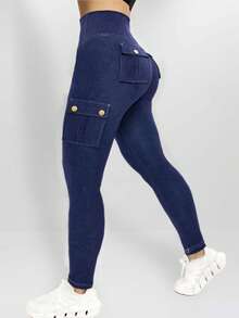 ChicMe Damen High-Waist Jeans mit Klapptaschen und Metallknöpfen, Slim Fit dehnbare Lässig Jogginghose, geeignet für Sport und Laufen - Blau - Übersicht 4