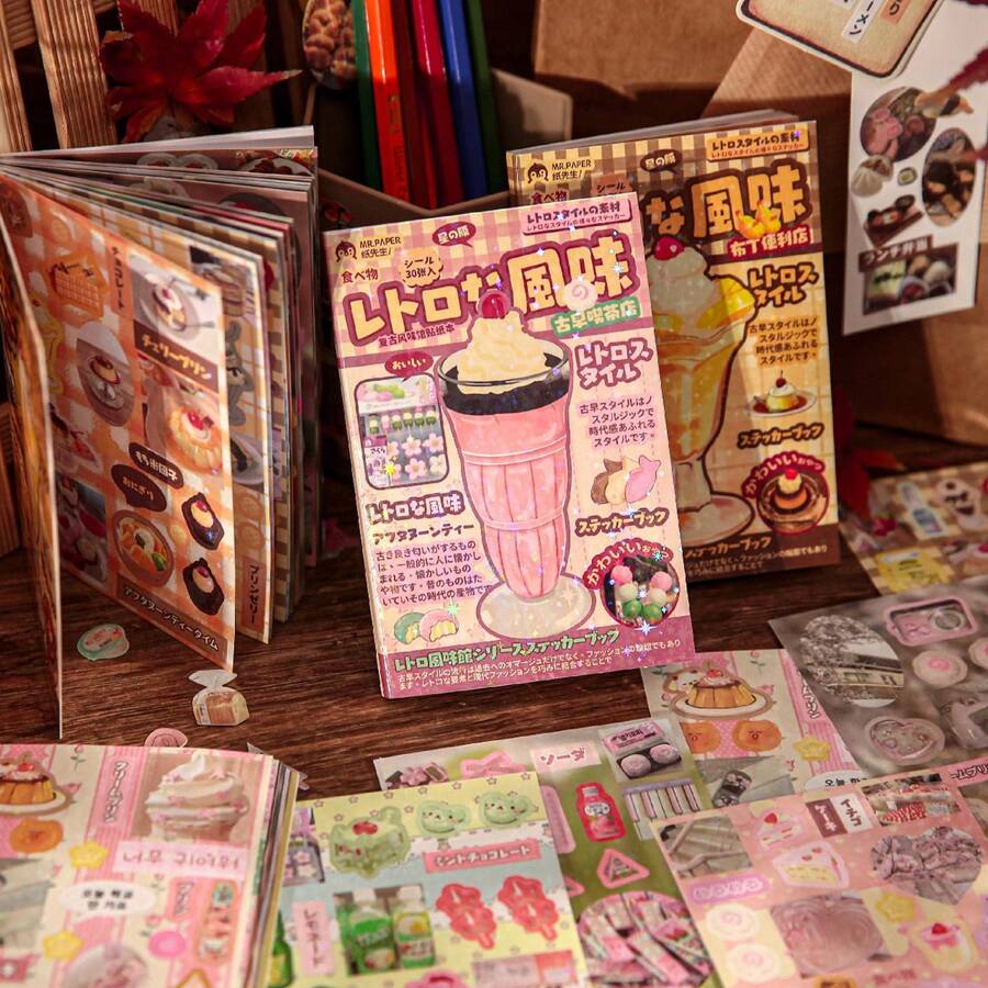 2 件复古风格贴纸书，老式日本料理主题剪贴簿贴纸书，裁剪、压印和装饰配件，适用于学校用品，返校 - 均碼 - 查看 1