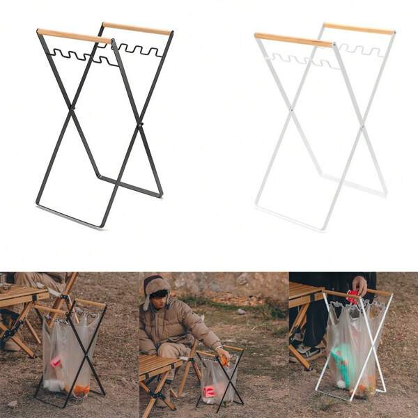 1 pezzo Portasacchetti per rifiuti pieghevole da esterno, portarifiuti portatile da campeggio con manico in legno, robusto e leggero, portaoggetti da appendere, portasacchetti in plastica per campeggio, picnic, barbecue e cucina di casa, design salvaspazio