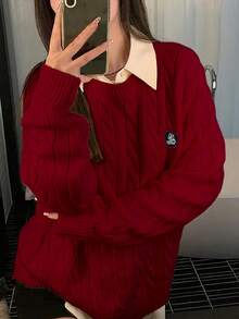 Alicedudu Damen minimalistische Lässig Pullover Sweater mit Buchstaben Patch und Flechtmuster, Herbst/Winter