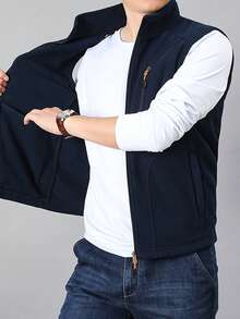 Men's Spring/Autumn Casual Vest, -Lined Fuzzy Vest Jacket - Blue - View 1