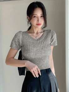 Women V-Neck Short Sleeve Fitted Ribbed Casual Knit Top, Spring/Summer