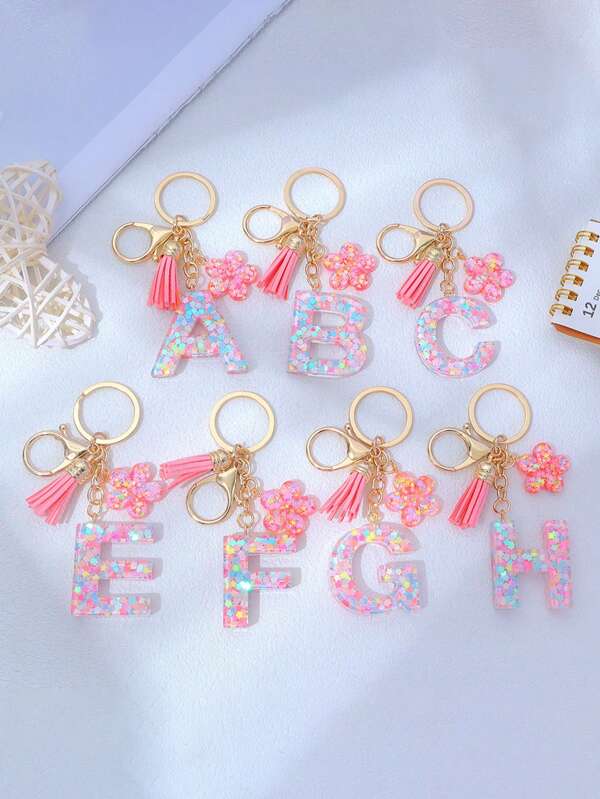 1pc Creative Keychain With Letter Stones, Resin Pendant, Butterfly Tassel Charm For Girls