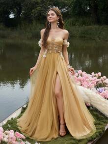 Faeriesty Robe de soirée élégante à épaules dénudées, dos nu et fente haute en mousseline de soie coupe évasée. Parfaite pour les grands galas, les réceptions de mariage de luxe, les premières d'opéra, les grands événements de bienfaisance, les fêtes du Nouvel An et autres occasions formelles. - Champagne - Voir 4