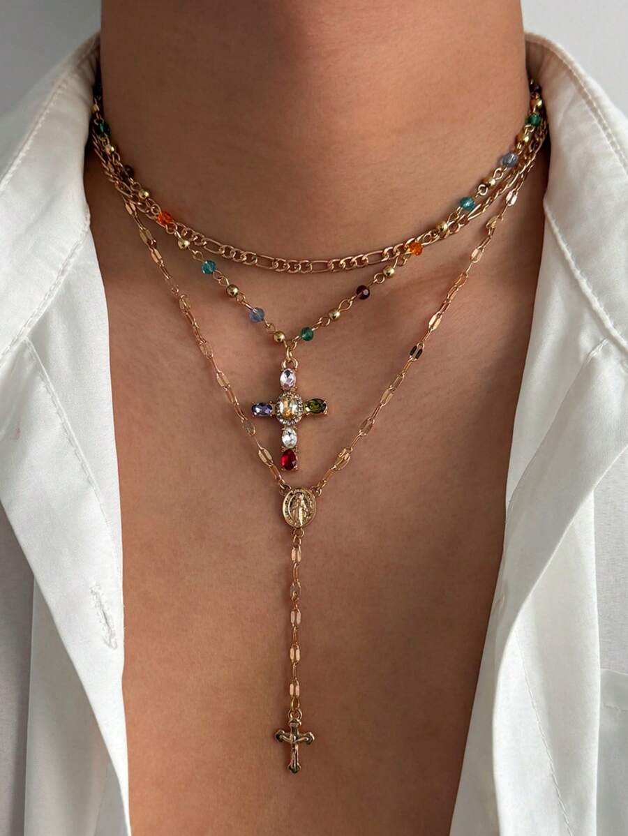 Fashionable Diamond Studded Cross Necklace, Men's High-End Sense, Hip-Hop Niche, Layered Collarbone Chain