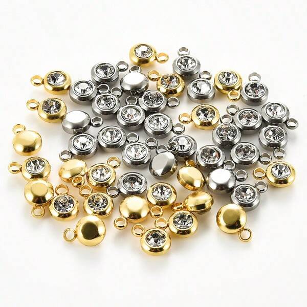 5 piezas de colgantes redondos planos de acero inoxidable con gemas de circonita cúbica de 6.5MM, dijes para hacer collares, pulseras, aretes y joyería DIY