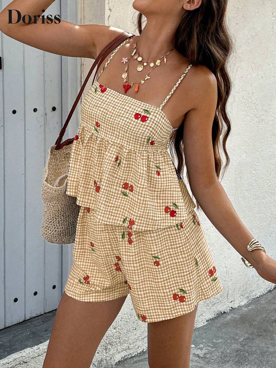 Doriss Summer Style 2pcs Cherry Printing Camisole Top And Shorts Set, Festival, Vacation Outfits, Eye-Catching Outfits, Romantic Holiday Style, Elegant, Back To School, Going Out Outfits - Khaki - View 1