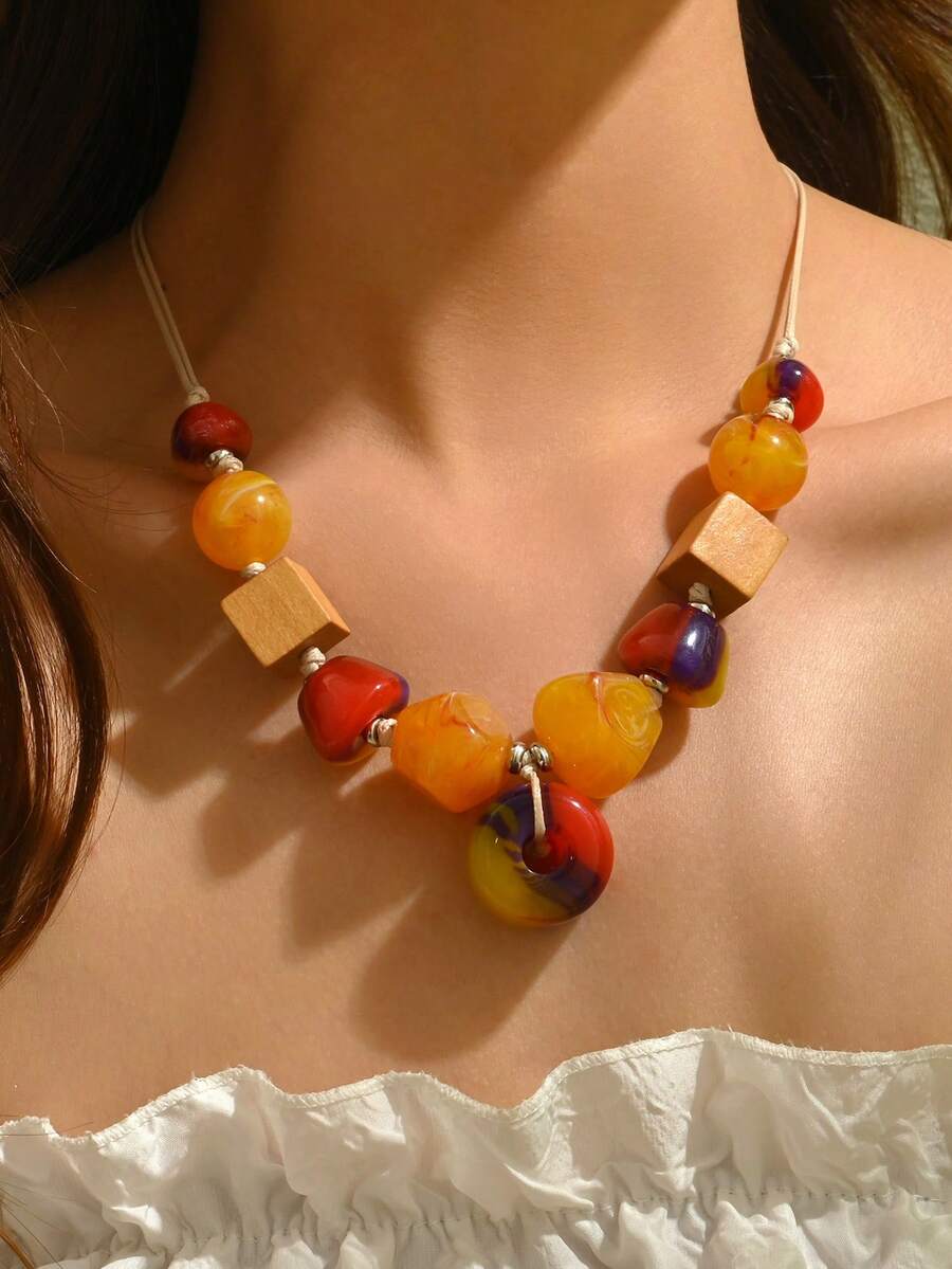 1 件波西米亚复古木质八角形串珠手工吊坠项链，夸张短款颈链，适合女士 - 黃色 - 查看 1