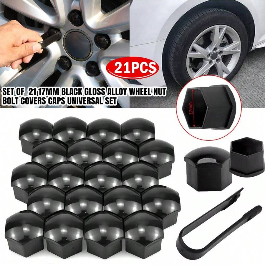 2Set (21pcs/Set) 17mm Black Gloss Alloy Wheel Nut Bolt Covers Caps Universal Set For Any Car - Black - View 1