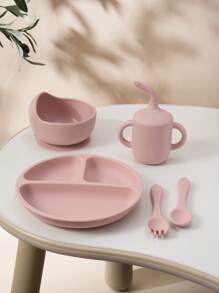 PopLittleOne 5 PIEZAS Conjunto de cubiertos de silicona para bebé, tazón con succión, plato, taza antiderrame, cuchara y tenedor blandos, vajilla para alimentación y entrenamiento de bebé antideslizante - Multicolor - Ver 11