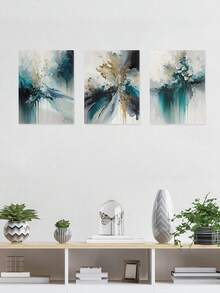 3pcs Elegant Turquoise And Gold Abstract Canvas Wall Art Prints , Modern Wall Decor, Indoor Wall Decor Modern Abstract Art Waterproof Canvas, Living Room Wall Decor, Wall Arts, Art Prints, Posters, For Living Rooms, Bedrooms, Offices, And Dorm Rooms, Indoor/Outdoor Use, Optional Frame