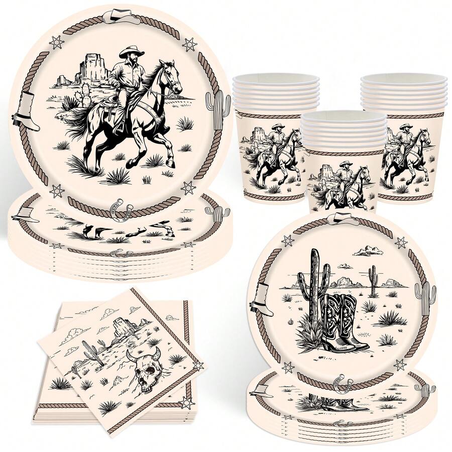 10pcs/20pcs/50pcs Cowboy Party Plates Cups And Napkins Tableware For Western Birthday Supplies First Rodeo Bachelorette Themed Paper Dessert Plates Western Party Cowboy Ranch Dinnerware Set For Wild West Birthday Party Decorations - Multicolor - View 1
