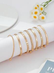 12/7/5pcs Set Textured Chunky Star Floral Pattern Twisted Geometric Round Disc & Bead Multi-Layer Wavy Metal Chunky Bangle Bracelet Set, Fashion Elegant Vintage Design, Suitable For Holiday, Party, Date, Gift, Daily Wear - Yellow Gold - View 5
