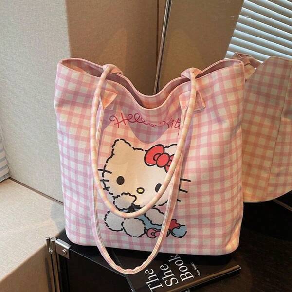 Sanrio Bolso de lona a cuadros con diseño de Kitty, el gato de dibujos animados japoneses Sanrio Hello Kitty, bolso de gran capacidad versátil para el verano, bolso de hombro tipo bandolera para ir al trabajo