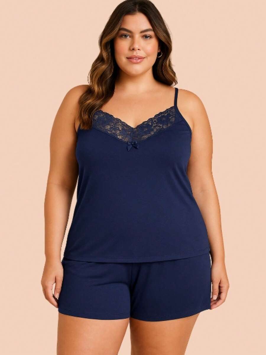 FEMINNITA Short Doll Plus Size Pajamas Without Cups For Women - Màu xanh hải quân - Xem 1