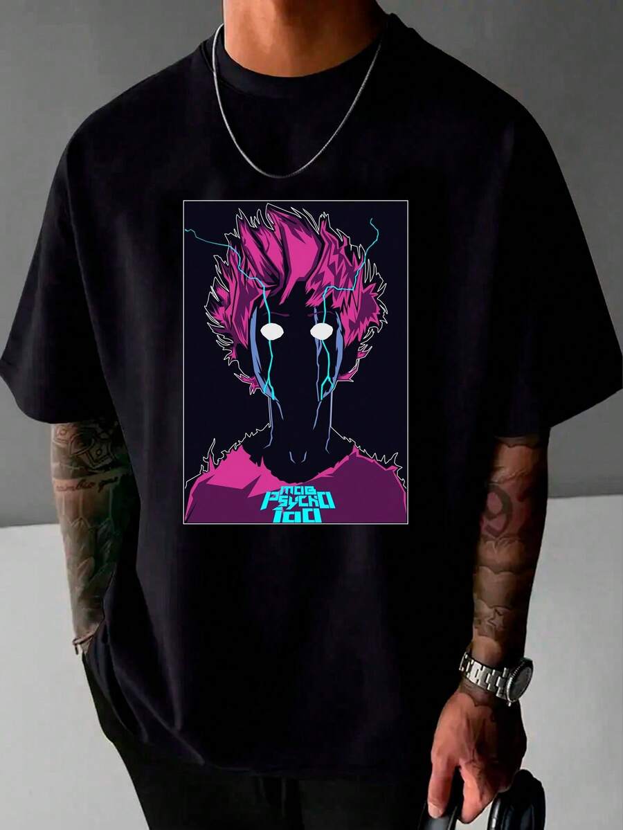 Mob Psycho T-Shirt Haunting Horror Anime Manga Geek Japanese Drawing Japan Japanese Culture Shirt Blouse Unisex Male Female 100% Cotton Top Premium Streetwear Launch Immediate Shipping Various Colors!! Plus Size - 黑色 - 查看 1