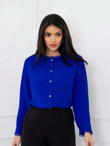 camisa social feminina manga longa com renda tecido duna