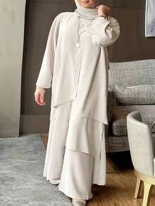 Damen elegantes einfarbiges langärmliges Top mit asymmetrischem Saum und lange Hose 2-teiliges Set, Große Größen, Frühling/Sommer - Aprikosenfarben - Übersicht 4