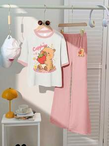 2 件套女孩水豚 - 元素 T 恤和喇叭裤套装，舒适，春秋季学校活动和个性化风格