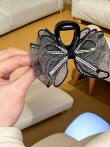 1pc Women's Shiny Bow Polka Dot Mesh Scrunchie Hair Claw Clip, Elegant Flower Hair Claw For Bun Hair Accessories Autumn Accessories