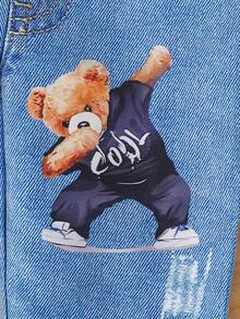 طقم ملابس علوية كم قصير وبنطلون مطبوع بطبعة الدب للأطفال الصبيان، مريح وعصري للصيف، خفيف الوزن - الأسود - مشاهدة 8