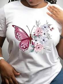 Women's White Casual Butterfly Floral Print Round Neck T-Shirt - Loose Fit, Machine Washable Fabric, Essential For Spring, Summer, And Autumn Vacation And Daily Wear, Non-Transparent Material
