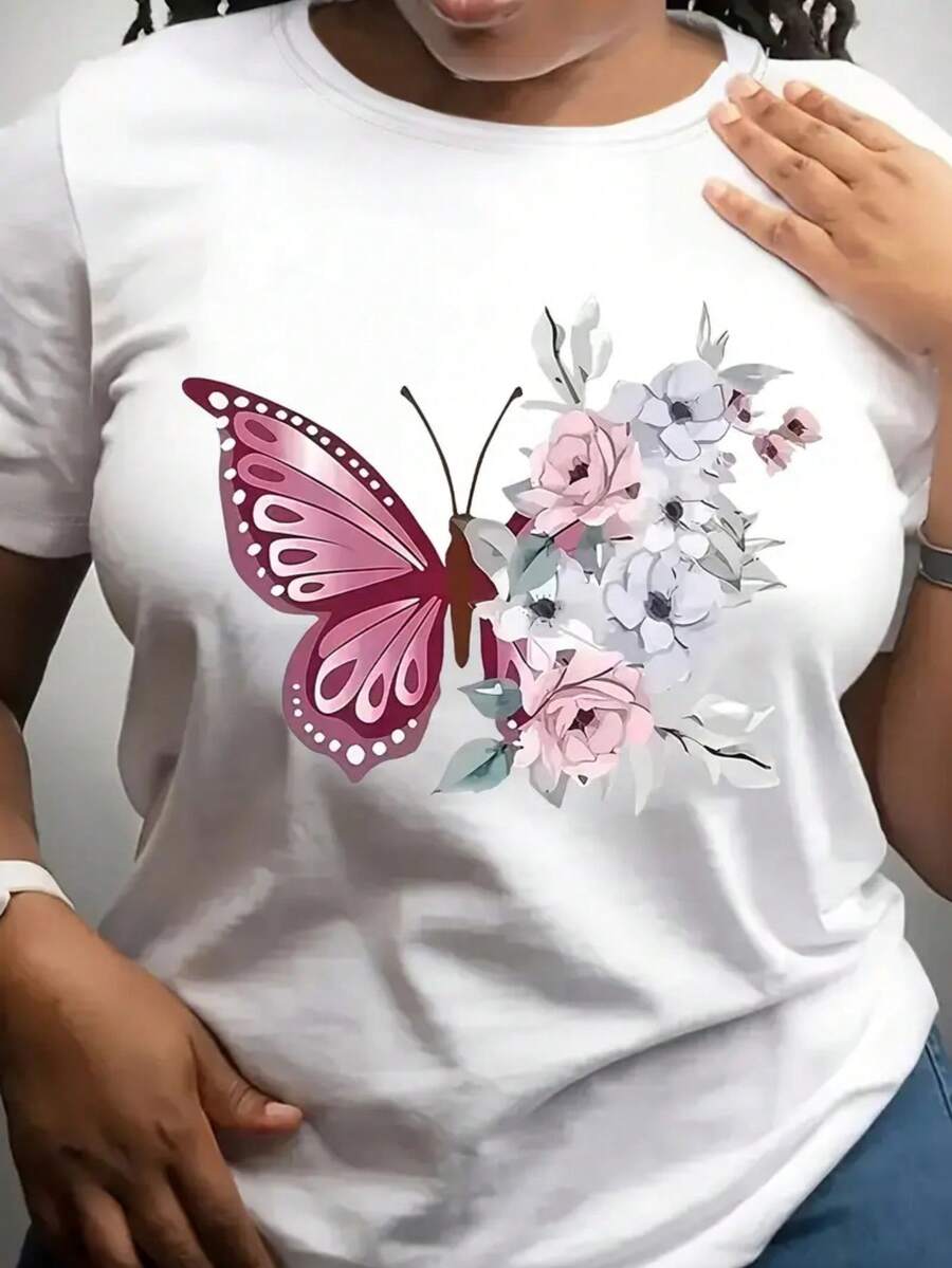 Women's White Casual Butterfly Floral Print Round Neck T-Shirt - Loose Fit, Machine Washable Fabric, Essential For Spring, Summer, And Autumn Vacation And Daily Wear, Non-Transparent Material
