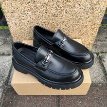 Fashion Chunky Loafer Shoes For Man Platform Height-Increasing Bright Patent Leather Business And Casual Men Shoes - Đen mờ - Xem 2