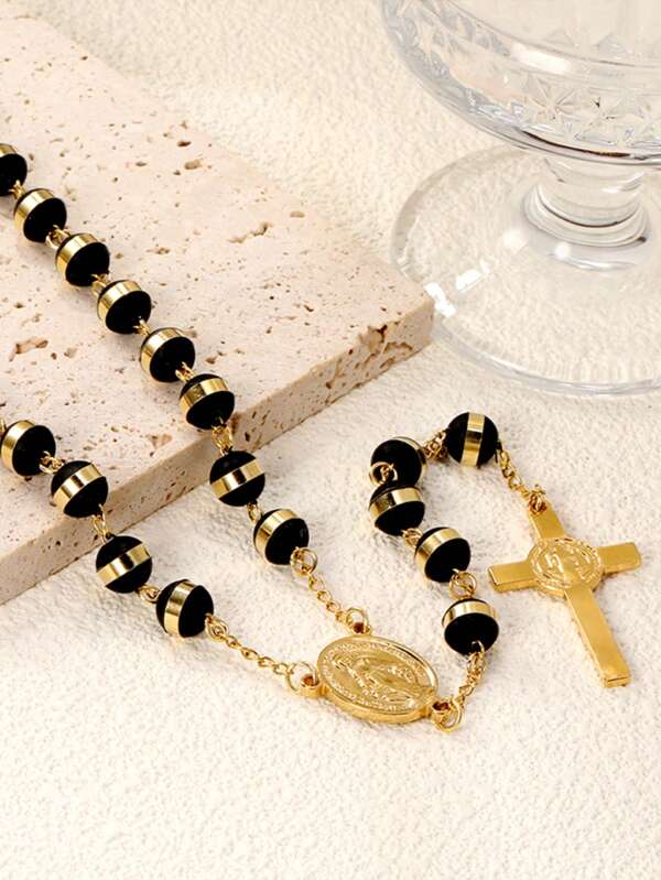 Fashion Hip Hop Style Jewelry Accessories Black Bead Stainless Steel Cross Pendant Necklace,Long Clavicle Chain, For Women Punk Party Gift