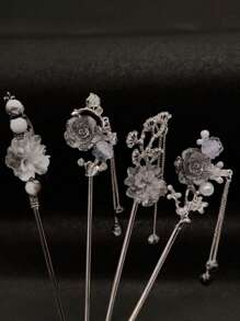 4个水墨花朵流苏发夹，复古百搭发饰，尽显优雅气质，可作发髻延长器、发髻造型器、发髻发片、发型别针、发夹、发卡、发卡、头饰