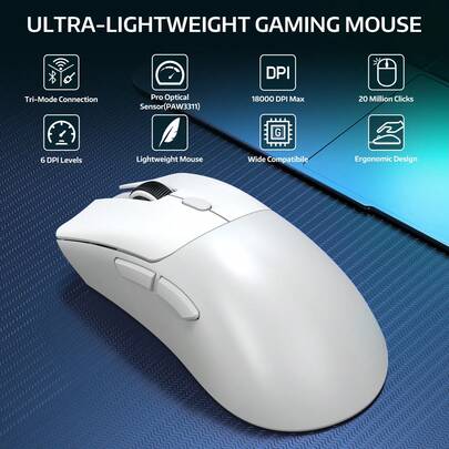  ATTACK SHARK R1 Mouse Gamer Sem Fio 55g, Sensor Óptico 18000 DPI, Conexão Tri-Mode (2.4G/BT5.2/Cabo), Design Ergonômico, 20 Milhões de Cliques, para PC/Notebook/Win