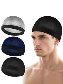 3pcs Solid Color Satin Elastic Shower Cap, Soft Breathable Hair Wrap, Sleeping Cap, Unisex Suitable For Sleeping, Shower, Sports, Hip-Hop Enthusiasts - Multicolor - View 15