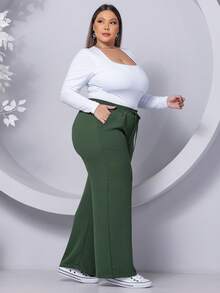 Wide Leg Plus Size Trousers - Army Green - View 4