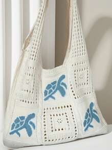 Women's Summer Beach Tote Bag - Crochet Design With Sea Turtle Pattern, Large Capacity Open-Top Tote, Beige Polyester, Suitable For Casual Outings And Coastal Vacations, Beach Tote Bag, Travel Accessory, Bohemian Fashion, Woven Texture, Spacious Tote Bag, Essential For Vacation, Ideal For Work, Back To School