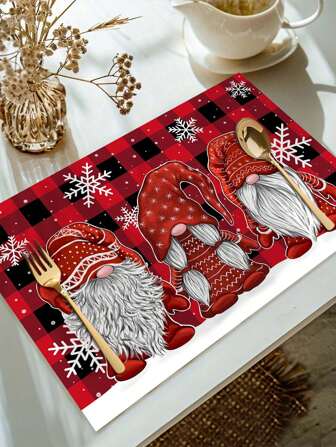 3pcs Christmas Gnome Design Placemats, Red Black Plaid, Snowflake Pattern, Polyester Fabric Placemats, Suitable For Christmas Table Decor, Christmas Party, Home Decoration, 30x45cm